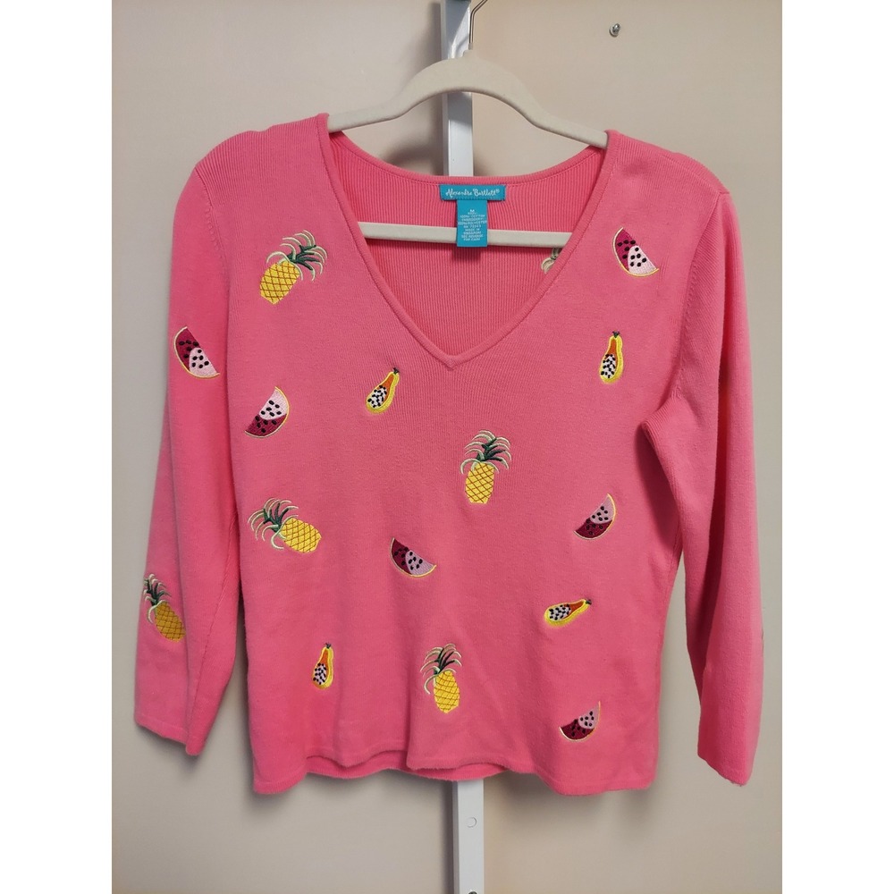 Alexandra Bartlett Pink Fruit Embroidered Cotton V-Neck Sweater M Novelty